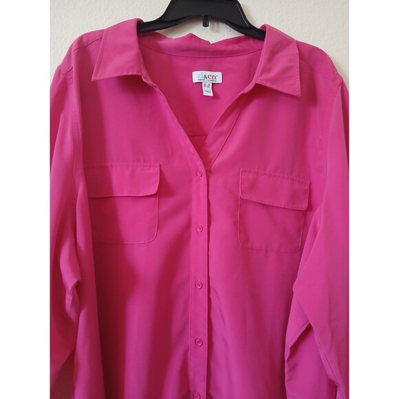 D.&Co Womens Blouse Tunic Pink roll-tab sleeve button shirt pockets 3X Office - Picture 6 of 16